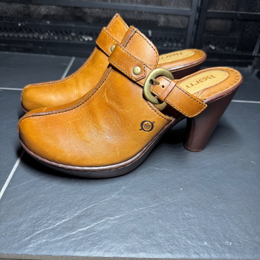 Born Womens Tan Leather Clogs Buckle Strap Platform Block Heel Mules 9 40.5 - Picture 6 of 10